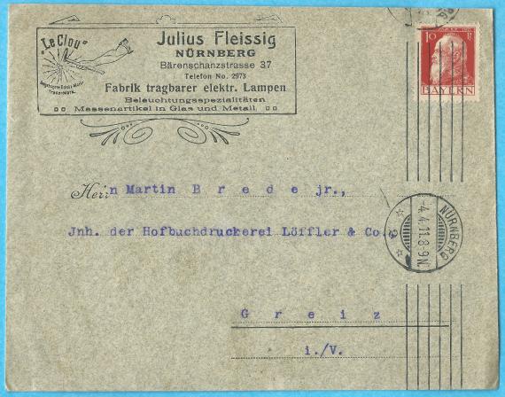 Geschäfts-Briefumschlag von Julius Fleissig,Fabrik tragbarer elektrischer Lampen,Beleuchtungsspezialitäten,Massenartikel in Glas und Metall, Nürnberg,Bärenschanzstraße 37, - versandt am 4. April 1911