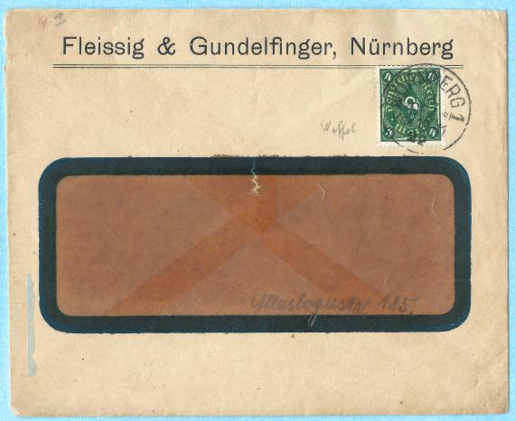 Geschäfts-Briefumschlag " Fleissig & Gundelfinger " in Nürnberg, - versandt am 1. Dezember 1922 