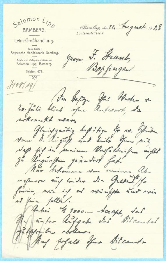 Geschäftsschreiben der " Leim-Großhandlung Salomon Lipp " von Bamberg, Luisenstraße 7, - geschrieben am 11. August 1928 