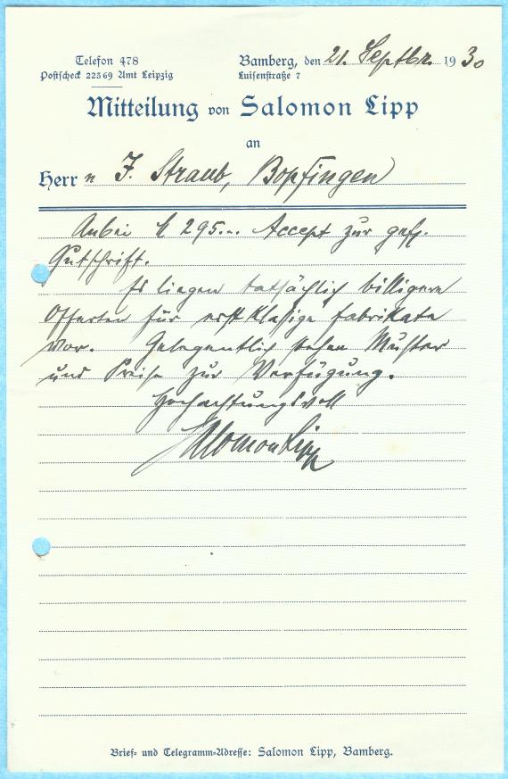 Geschäftliche Mitteilung der " Leim-Großhandlung Salomon Lipp " in Bamberg,Luisenstraße 7, - geschrieben am 21. September 1930