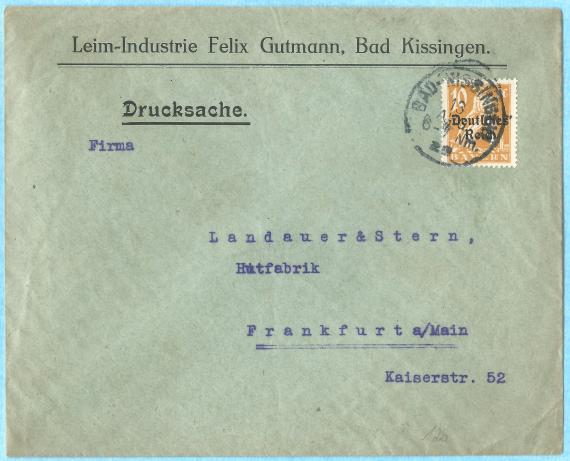 Geschäfts-Briefumschlag " Leim-Industrie Felix Gutmann, Bad Kissingen - versandt am 13. August 1922 