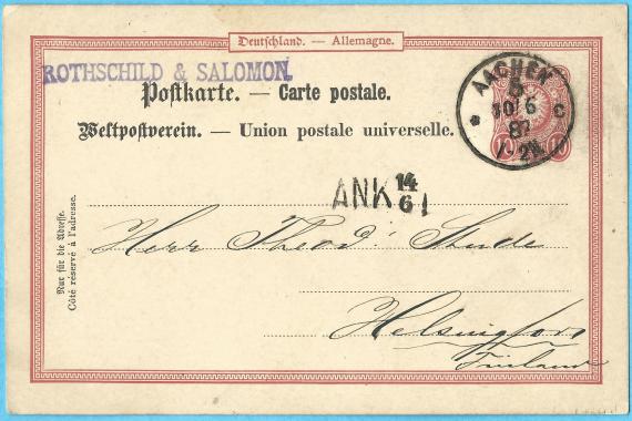 Postkarte geschäftlicher Art von " Salomon & Rothschild Aachen ", - versandt am 10. Juni 1887 nach Helsingfors in Finland 