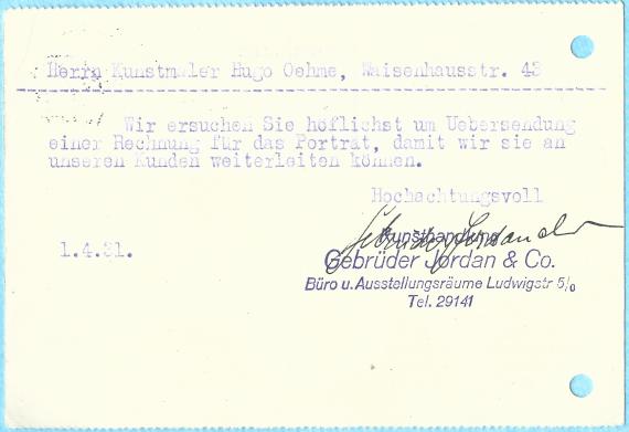 Geschäftspostkarte der Kunsthandlung " Gebrüder Jordan & Co " in  München, Büro u. Ausstellungsräume Ludwigstraße 5 - versandt am 1. April 1931 - Kartenrückseite