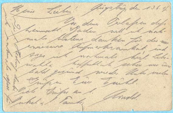 Feldpostkarte - Jakob Regensteiner Field postcard to Jakob Regensteiner family in Munich, Mathildenstraße 13, - mailed June 13, 1917 - back of card