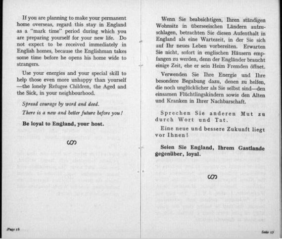 Excerpt from the information booklet for refugees in England, printed in two languages (English on the left, German on the right)