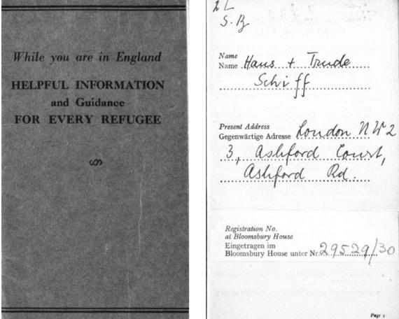 Black and white print of the cover of an advice booklet entitled "While you are in England. Helpful Information and Guidance for every refugee" as well as the details of the owner of the brochure with address: Mr. and Mrs. Schiff