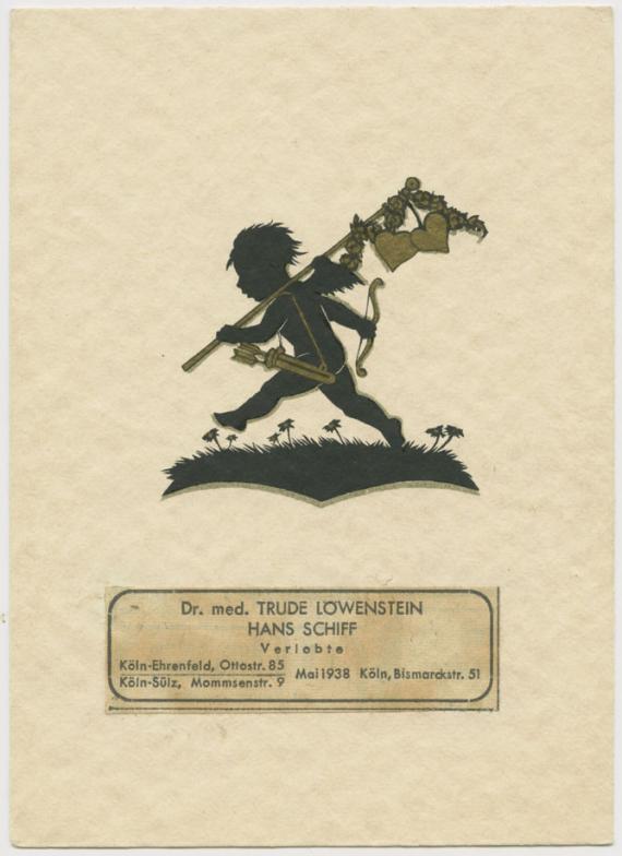 Engagement card with angel figure as decoration and the names or addresses of the fiancées: Trude Löwenstein, MD, and Hans Schiff, MD.