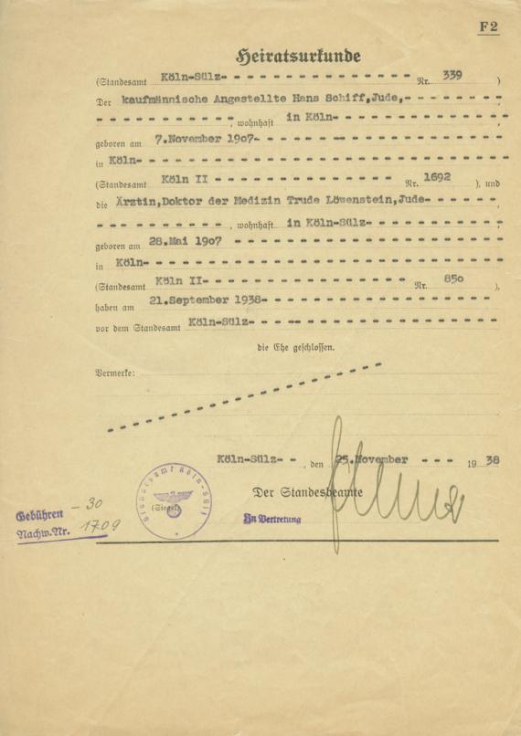 Reprint of the marriage certificate of Hans and Trude Löwenstein, issued on 25.11.1938
