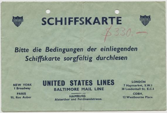 Außenansicht der Schiffskarte der ,United States Lines' mit einem handschriftlich vermerkten Wert von 330 Dollar