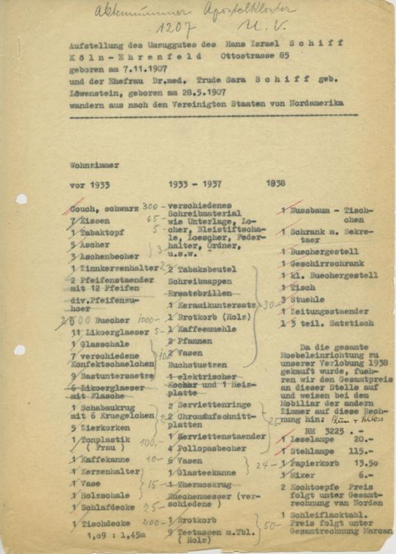 List of the Schiff couple's removal goods with the inventory of the living room, divided into three columns, in which the furnishings are classified according to the date of acquisition