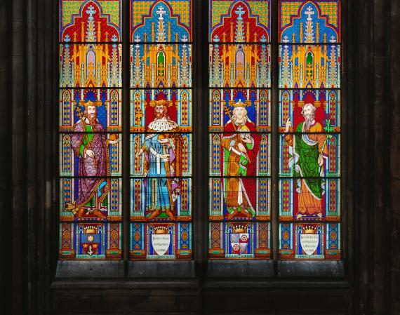 Cathedral window in the north transept donated by the couple Simon and Henriette von Oppenheim. Old Testament figures depicted: from left: Jesse, Solomon, Jehoshaphat, Isaiah.