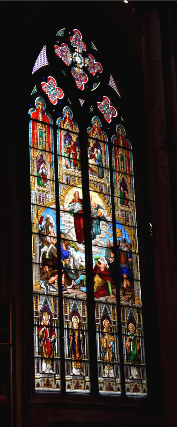 Cathedral window donated by the Cologne-Minden Railway Company in the south transept of Cologne Cathedral.