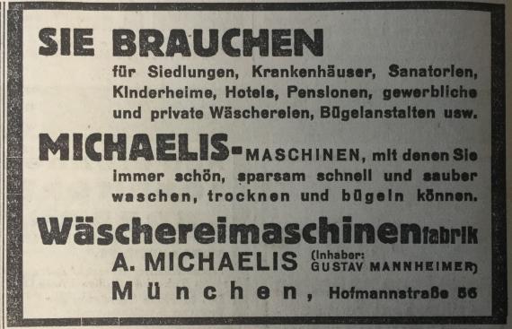 Werbung der Wäscherereimaschinenfabrik A.Michaelis - Inhaber Gustav Mannheimer, München,Hofmannstraße 56 - in der " Jüdischen Rundschau vom 2. Februar 1934