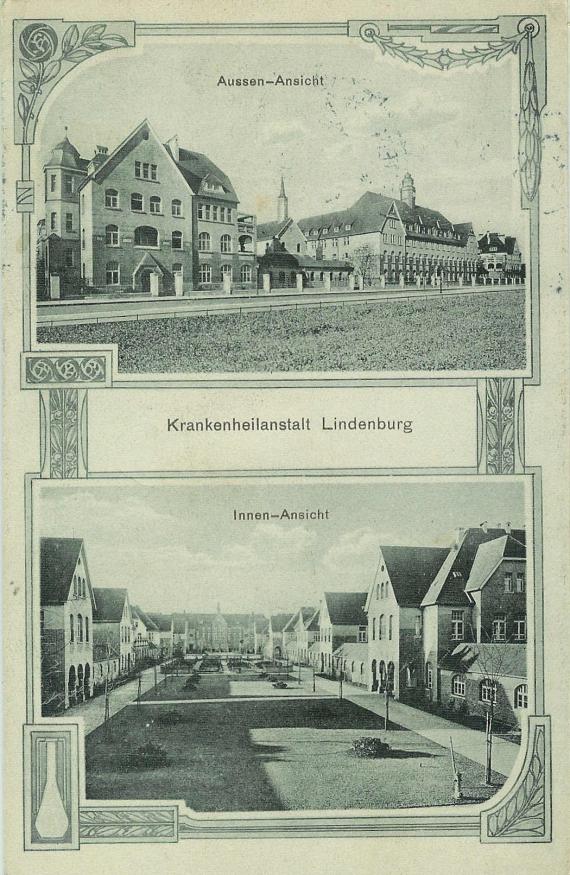 Eine zweiteilige Zeichnung vom Gelände der Anstalt Lindenburg als Postkarte. Die obere Hälfte zeigt die Außenanlage, die untere Hälfte den Innenhof.