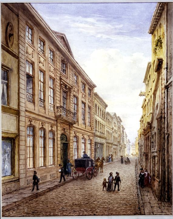 Painting of the Great Stalls Alley at the height of the house number 8.