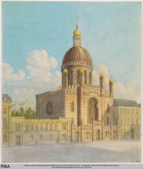 Watercolor of the exterior of the synagogue in Glockengasse