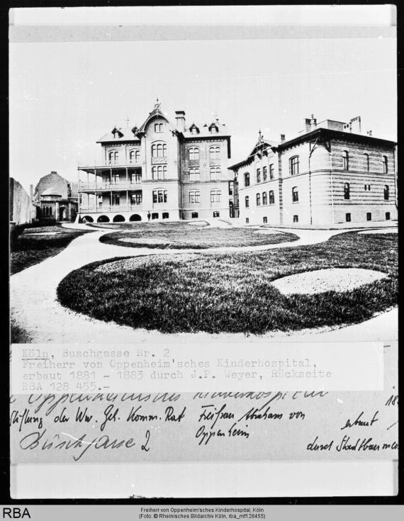 Black and white photograph of the rear view of Oppenheim's Children's Hospital.