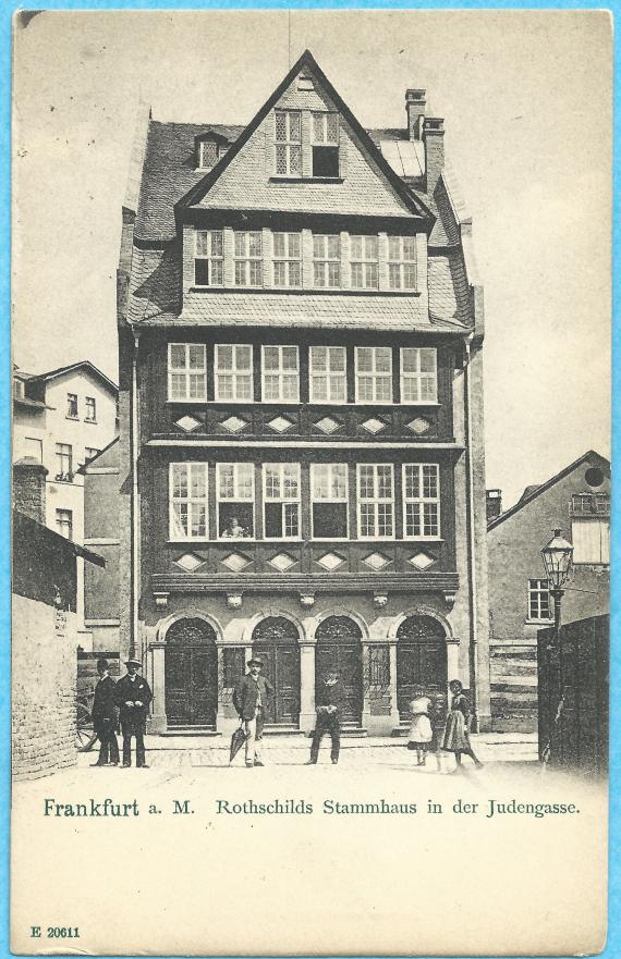 Alte Ansichtskarte von Frankfurt am Main mit dem Rothschild - Stammhaus in der Judengasse - aus der Zeit vor 1905