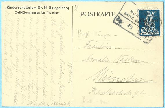 Alte Ansichtskarte mit einer Ansicht vom  " Kindersanatorium Dr. H. Spiegelberg, Zell - Ebenhausen " - versandt am 18. Juli 1920 - Kartenrückseite