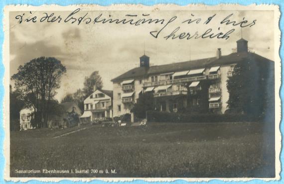 Alte Ansichtskarte mit einer Ansicht vom  " Sanatorium Ebenhausen im Isartal " - versandt am 25. Oktober 1935