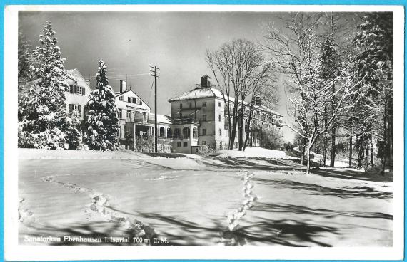 Old picture postcard of the Ebenhausen sanatorium in the Isar valley - winter shot from around 1935