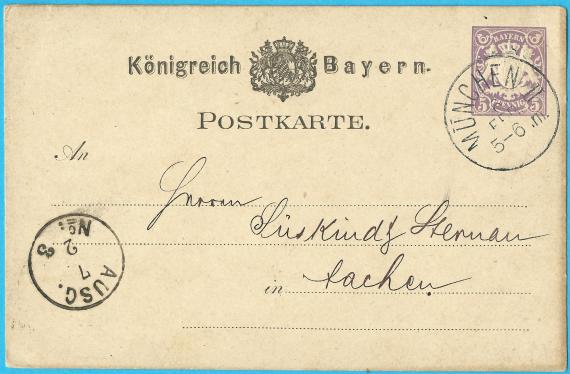 Postcard of a business nature to Messrs. Süskind & Sternau in Aachen, - sent from Munich on February 6, 1880