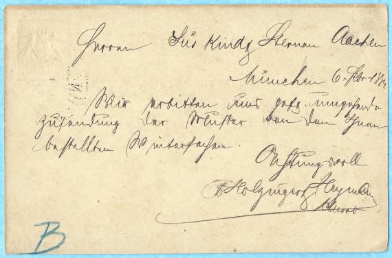 Postkarte geschäftlicher Art der Fa. Holzinger & Heymann aus München, - versandt am 6. Februar 1880 an die Herren Süskind & Sternau in Aachen - Kartenrückseite