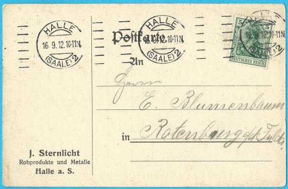 Geschäftspostkarte von J. Sternlicht, Rohprodukte und Metalle, Halle a.S. - versandt am 16. September 1912 