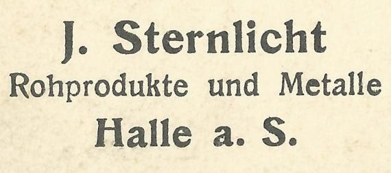 Geschäftspostkarte von J. Sternlicht, Rohprodukte und Metalle, Halle a.S. - versandt am 16. September 1912 - Ausschnittvergrößerung Firmenadresse