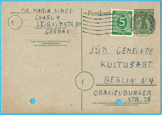 Postcard to the Jewish Community - Kultusabteilung in Berlin N4, Oranienburger Straße 28, - mailed April 6, 1946.