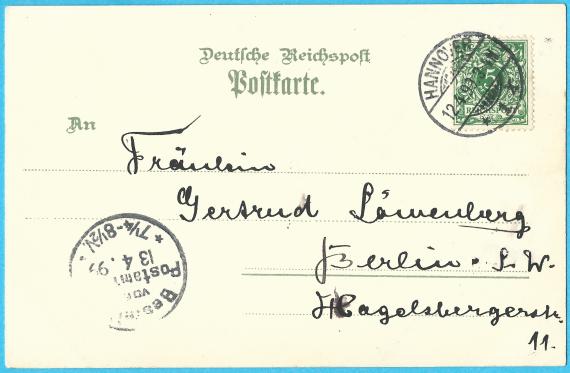 Ansichtskarte Hannover - Gertrud Löwenberg Litho - Ansichtskarte " Gruß aus Herrenhausen ", versandt 12. April 1899 von Ernst Löwenberg an seine Schwester Gertrud Löwenberg in Berlin, Hagelberger Straße 11 - Anschriftseite