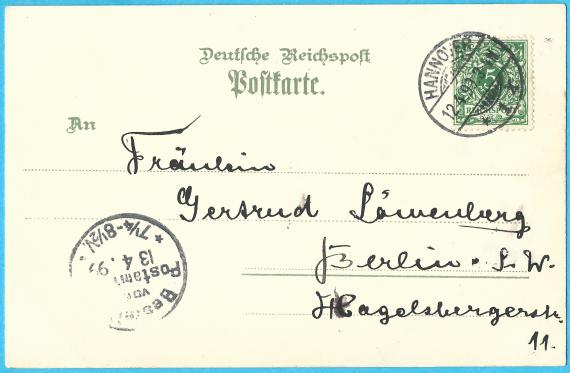 Litho - picture postcard " Greeting from Herrenhausen ", sent April 12, 1899 by Ernst Löwenberg to his sister Gertrud Löwenberg in Berlin, Hagelberger Straße 11 - address side