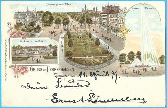 Litho - picture postcard " Greeting from Herrenhausen ", sent April 12, 1899 by Ernst Löwenberg to his sister Gertrud Löwenberg in Berlin, Hagelberger Straße 11 - picture side