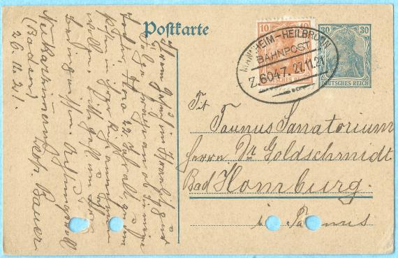 Postkarte an das " Taunus Sanatorium Herrn Dr. Goldschmidt " in Bad Homburg, - versandt von Leopold Bauer aus Neckarzimmern am 27. November 1921