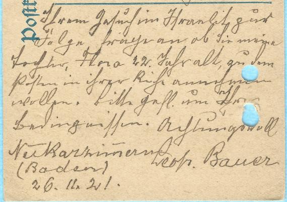 Postkarte an das " Taunus Sanatorium Herrn Dr. Goldschmidt " in Bad Homburg, - versandt von Leopold Bauer aus Neckarzimmern am 27. November 1921 - Ausschnittvergrößerung Text