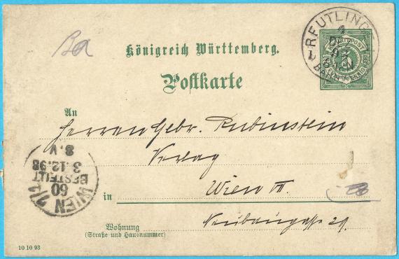 Postkarte geschäftlicher Art an die Herren Gebrüder Rubinstein, Verlag, Wien VII, Neubaugasse 29 - versandt am 1. Dezember 1893