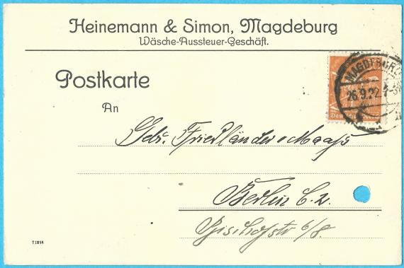 Postkarte geschäftlicher Art an " Gebr. Friedländer & Maaß " in Berlin, Bischofstraße 6/8, - versandt am 26. September 1922