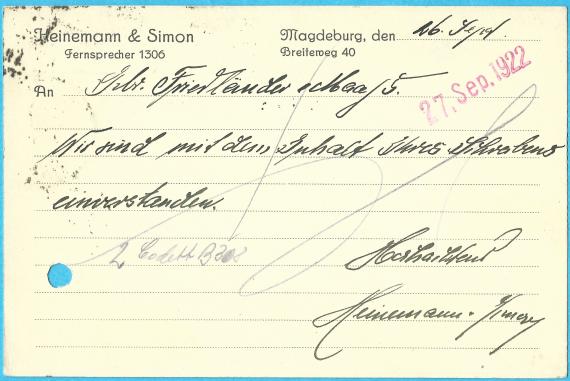 Postkarte geschäftlicher Art an " Gebr. Friedländer & Maaß " in Berlin, Bischofstraße 6/8, - versandt am 26. September 1922 - Kartenrückseite