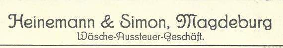 Postkarte geschäftlicher Art von " Heinemann & Simon - Wäsche-Aussteuer-Geschäft " in Magdeburg,Breitenweg 40 - versandt am 26.September 1922 - Ausschnittvergrößerung Firmenname