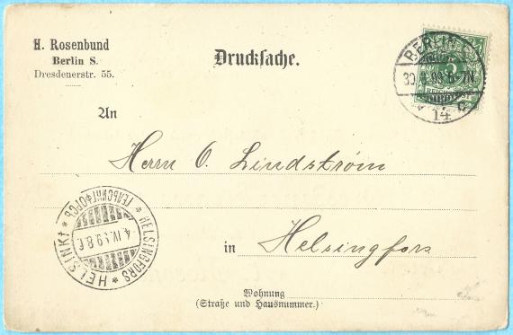 Business postcard " H. Rosenbund ", Berlin, Dresdener Straße 55 - mailed March 30, 1899