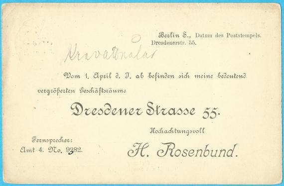 Business postcard " H. Rosenbund ", Berlin, Dresdener Straße 55 - mailed March 30, 1899 - back of card