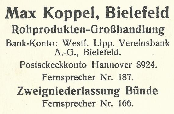 Geschäftspostkarte der Rohprodukten-Großhandlung Max Koppel in Bielefeld - versandt am 13. Juni 1917 - Ausschnittvergrößerung Firmenbriefkopf