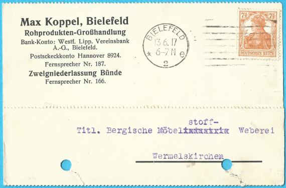 Business postcard of the raw products wholesaler Max Koppel in Bielefeld - mailed June 13, 1916