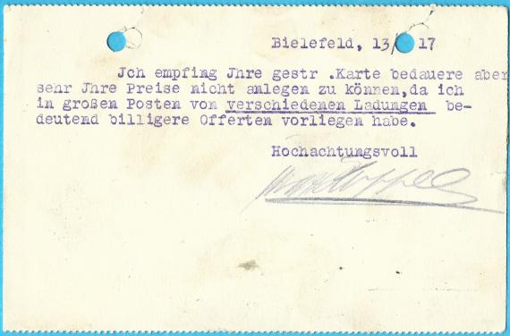 Geschäftspostkarte der Rohprodukten-Großhandlung Max Koppel in Bielefeld - versandt am 13. Juni 1916 - Kartenrückseite