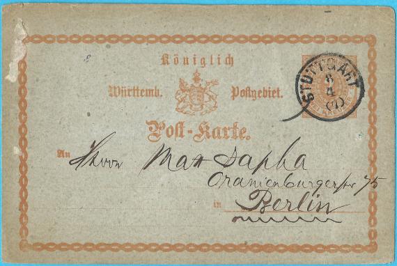 Postkarte geschäftlicher Art an Herrn Max Japha, Oranienenburger Straße 75 in Berlin, - versandt in der Zeit zwischen 1873 - 1875