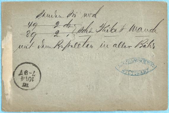 Postkarte geschäftlicher Art an Herrn Max Japha, Oranienenburger Straße 75 in Berlin, - versandt in der Zeit zwischen 1873 - 1875  -  Kartenrückseite