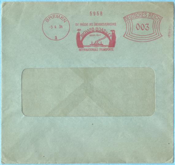 Envelope of the " Fa. Richard Boas & Co - Internationale Transporte " in Bremen, - mailed on April 5, 1934