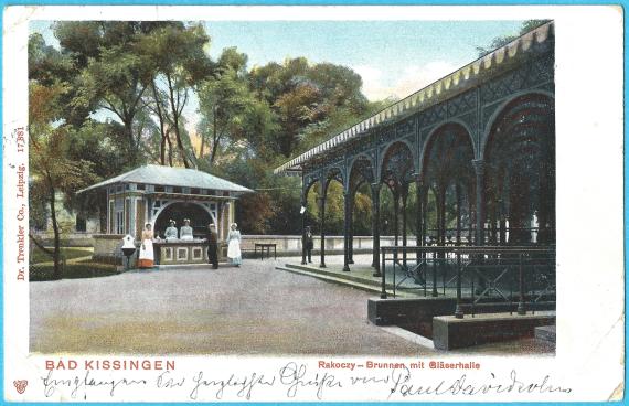 Historische Ansichtskarte Bad Kissingen - Paul Davidsohn Historische Ansichtskarte von Bad Kissingen mit dem Rakoczy-Brunnen mit Gläserhalle, - versandt von Paul Davidsohn am 28. Juli 1902 nach Berlin