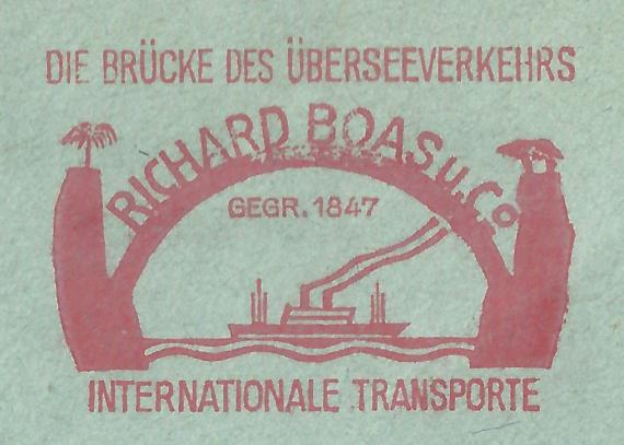 Briefumschlag der " Fa. Richard Boas & Co - Internationale Transporte " in Bremen, - versandt am 5. April 1934 - Ausschnittvergrößerung Absender - Freistempel