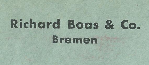 Briefumschlag der " Fa. Richard Boas & Co - Internationale Transporte " in Bremen, - versandt am 5. April 1934 - Ausschnittvergrößerung Firmenname